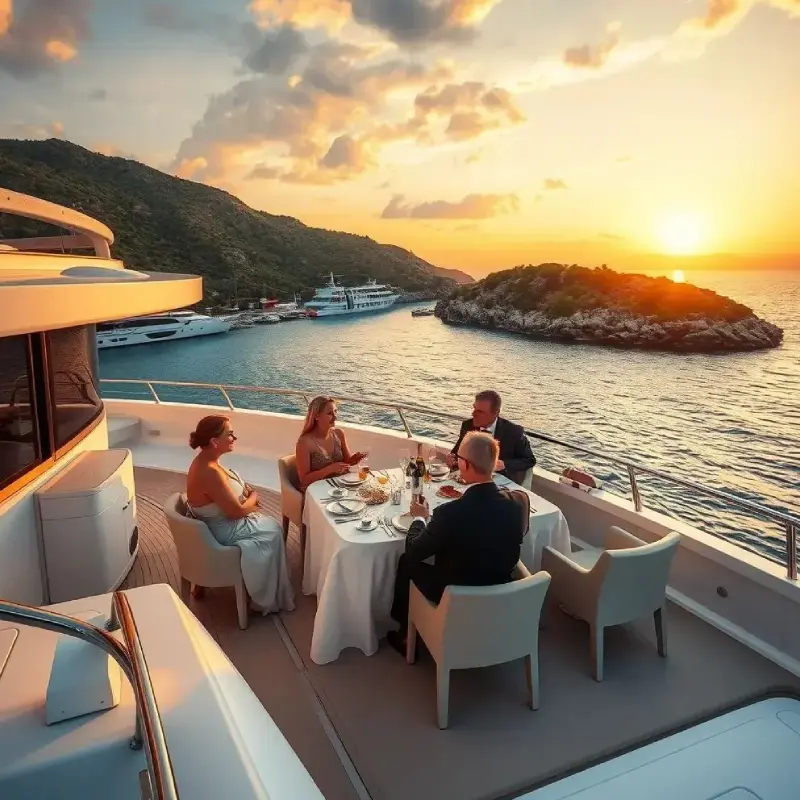 Menschen auf dem Deck einer Yacht bei Sonnenuntergang